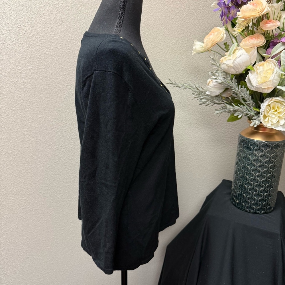 Cable & Gauge Black Scoop Neck Grommet Trim Top L 3/4 Sleeve Stretch Knit - Picture 5 of 8